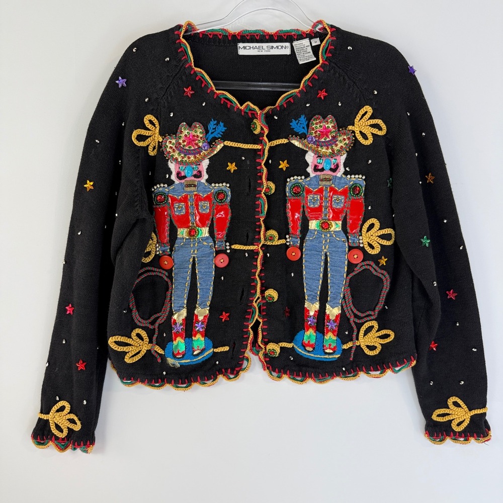 Michael Simon Cardigan Women M Black Western Nutcracker Beaded Howdy Vintage 95